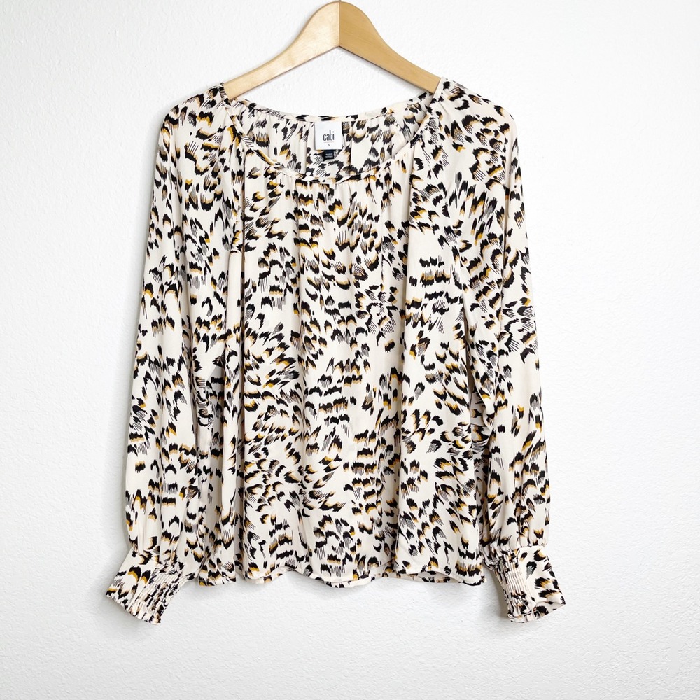 Cabi Printed Round Trip Blouse 4335 Cream Black Gold Animal Print Small NEW